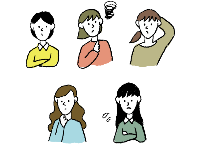 困った表情を浮かべている5人の女性のイラスト