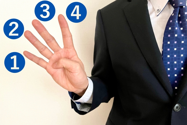 4のハンドサインを出しているスーツ姿の男性