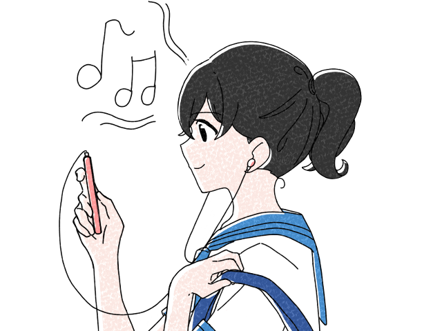 イヤフォンで音楽を聞いている女子学生