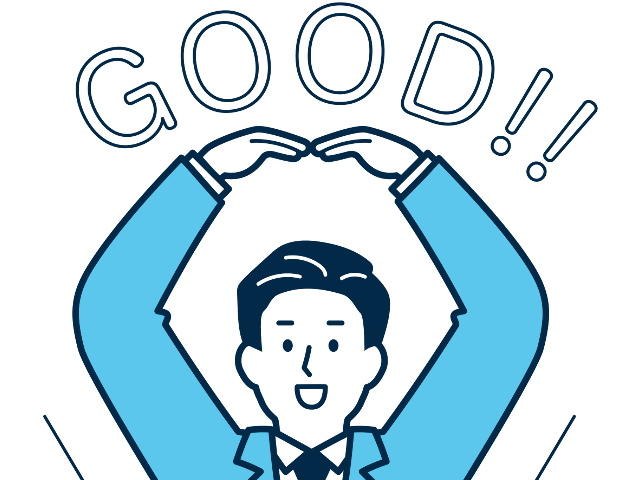 〇のジェスチャーをしている男性とGOODの文字