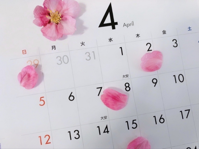 ピンク色の花びらが散りばめられている4月のカレンダー