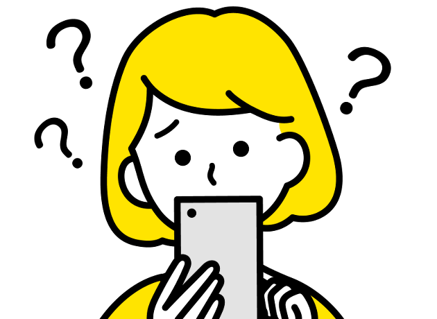 スマホを見てプロミスからのSMSに悩んでいる女性と3つのクエスチョンマーク