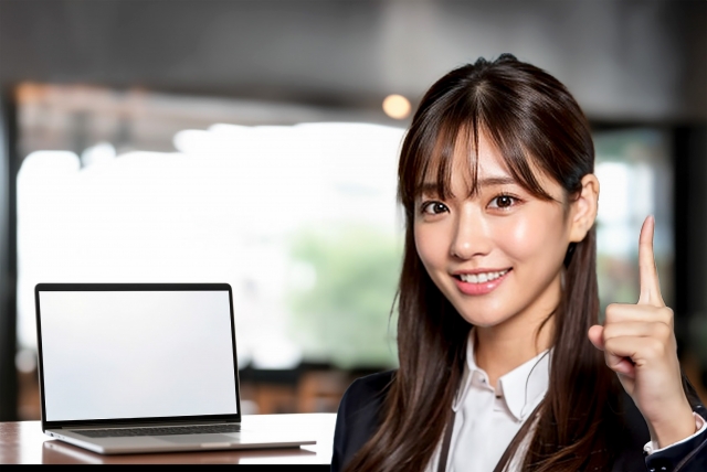 ノートパソコンの前でこちらを振り向いている女性