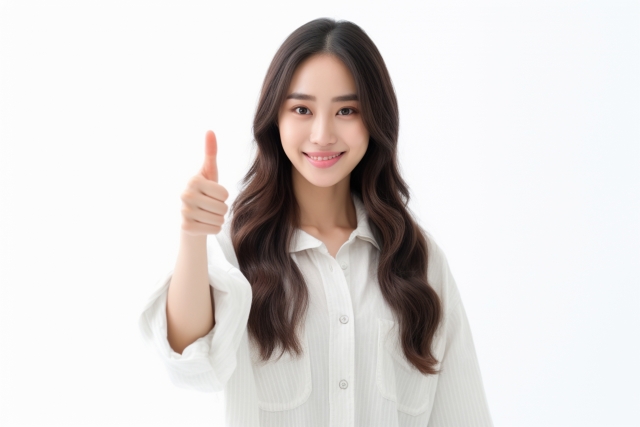 笑顔で親指を立てる女性