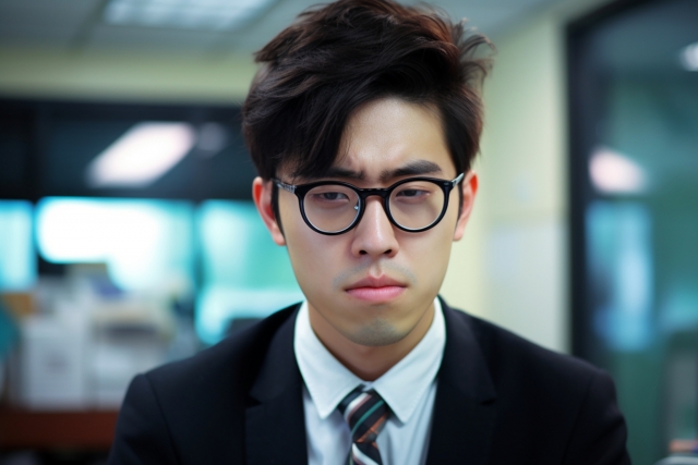 眉間にしわを寄せて険しい表情をしている男性